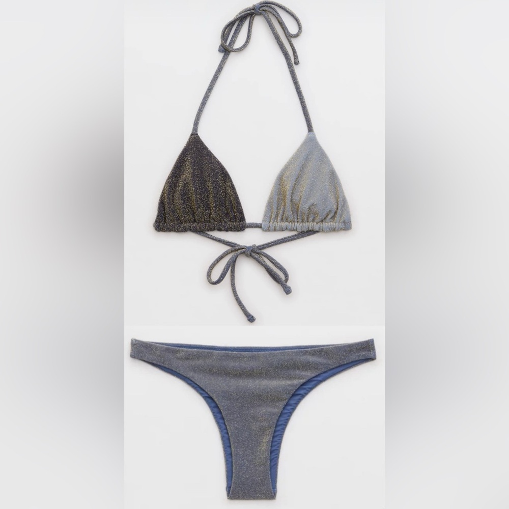 NWT Aerie FULL SET Sparkle String Triangle Top + Cheekiest Bottom in Blue - M